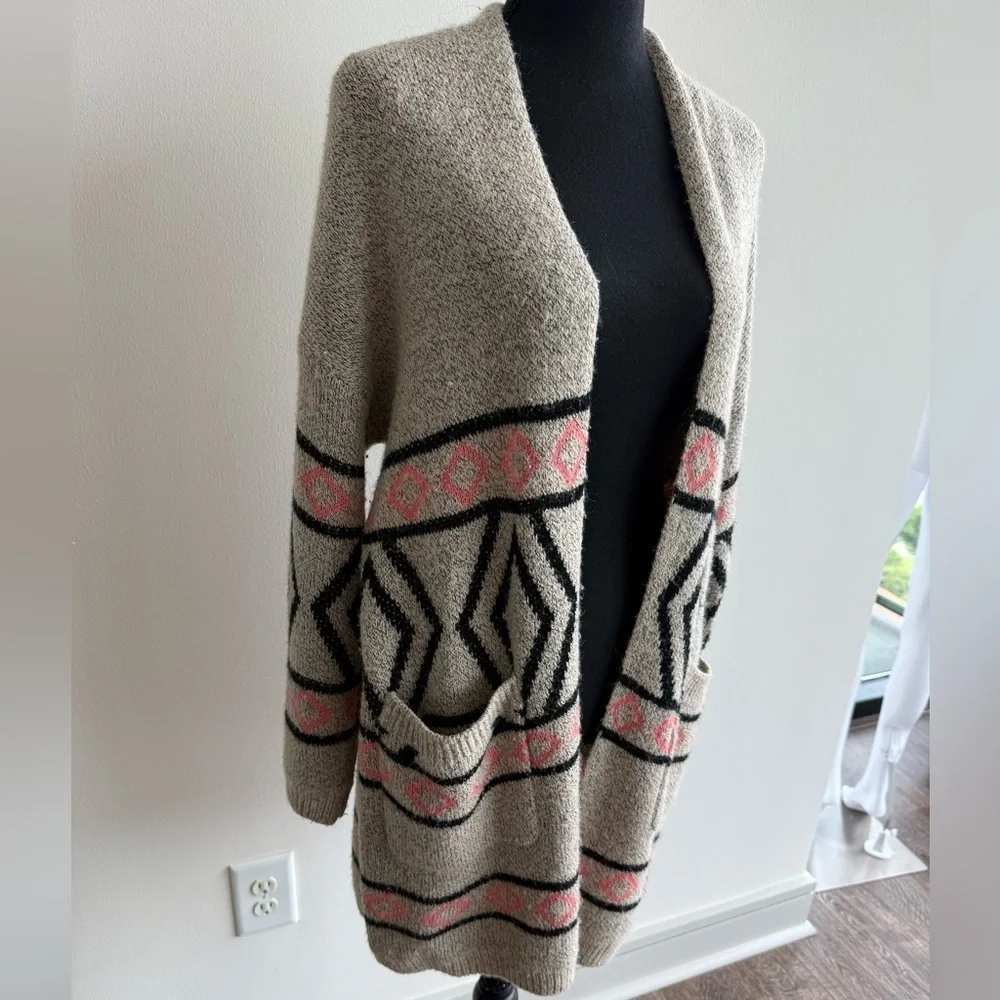 Beige and Pink Patterned Cardigan Sweater